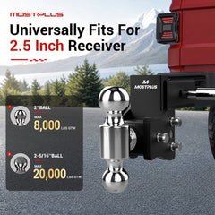 MOSTPLUS Trailer Hitch, 2.5 Inch Receiver, 4" Adjustable Height 8,000-20,000 LBS GTW, Dual Ball Mount with 2" & 2-5/16" Balls, Heavy Duty Towing Hitch for Most Truck & SUV