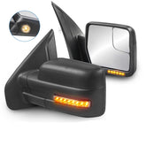 MOSTPLUS Black Towing Mirror For 2004-2014 Ford F150 F-150 w/ Power Heated, Sequential Turn Light, Puddle Light, Dural Beam (Set of 2)