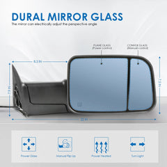 MOSTPLUS Tow Mirrors For 1998-2001 Dodge Ram 1500 | For 1998-2002 Dodge Ram 2500/3500 w/Power Heating & Turn Light Black