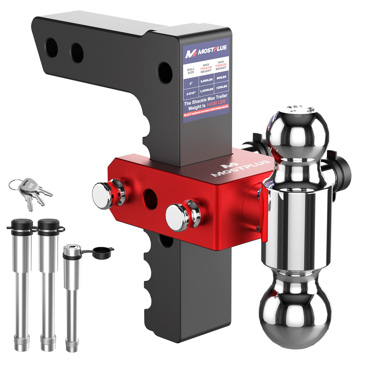 MOSTPLUS Aluminum Adjustable Trailer Hitch, 2" Receiver, 8" Drop/Rise, Dual Ball Mount with 2" & 2-5/16" Balls, 12,500 lbs GTW, Locking Pins & Anti-Rattle Kit