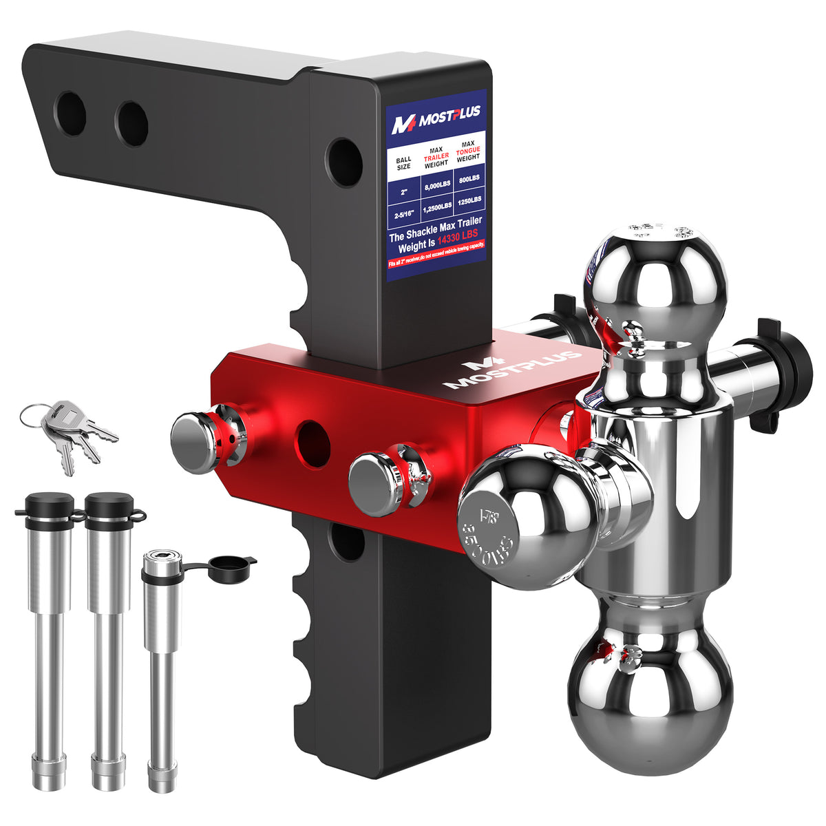 MOSTPLUS Aluminum Trailer Hitch, 2 Inch Receiver, Tri-Ball Mount with 2" & 2-5/16" &1-7/8" Balls, 3,500-12,500 LBS GTW, 8" Adjustable Height Heavy Duty Towing Hitch for Most Truck & SUV