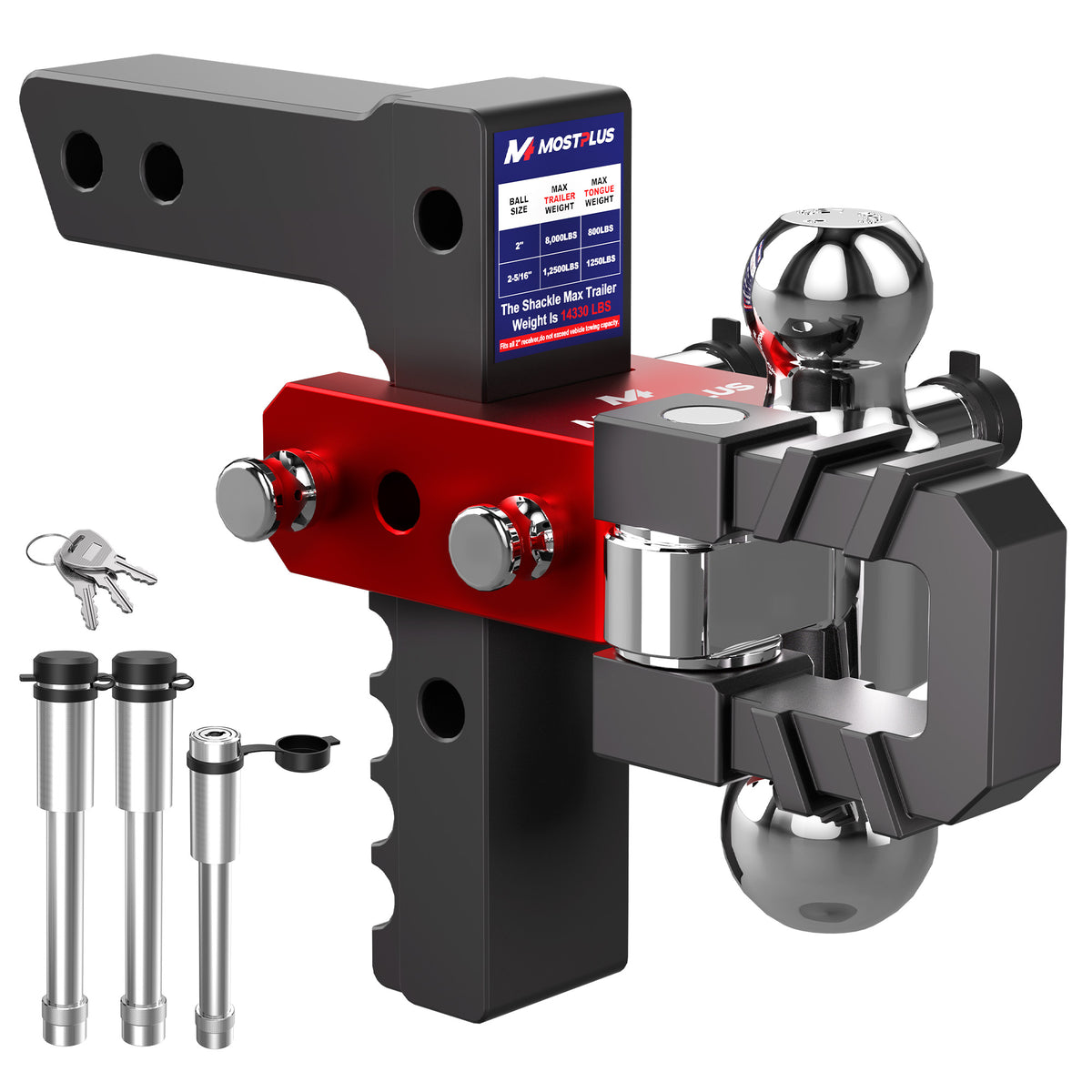 MOSTPLUS Aluminum Trailer Hitch 2" Receiver 8" Adjutable Height 15000 GTW, Heavy Duty Dual Ball Mount(2" & 2-5/16" Balls) with Towing Shackle, Anti-Rust Coating Compatible for Most Truck & SUV