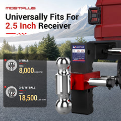 MOSTPLUS Adjustable Trailer Hitch, 2.5" Receiver, 8" Drop/Rise, Dual Ball Mount with 2" & 2-5/16" Balls, 18,500 lbs GTW, Locking Pins & Anti-Rattle Kit