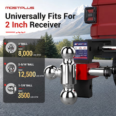 MOSTPLUS Aluminum Trailer Hitch, 2 Inch Receiver, Tri-Ball Mount with 2" & 2-5/16" & 1-7/8" Balls, 3,500-12,500 LBS GTW, 6" Adjustable Height Heavy Duty Towing Hitch for Most Truck & SUV