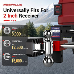 MOSTPLUS Aluminum Trailer Hitch 2" Receiver 6" Adjutable Height 15000 GTW, Heavy Duty Dual Ball Mount(2" & 2-5/16" Balls) with Towing Shackle, Anti-Rust Coating Compatible for Most Truck & SUV