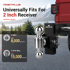 MOSTPLUS Trailer Hitch, 2 Inch Receiver, Dual Ball Mount with 2" & 2-5/16" Balls, 8,000-15,000 LBS GTW, 6" Adjustable Height Heavy Duty Towing Hitch for Most Truck & SUV