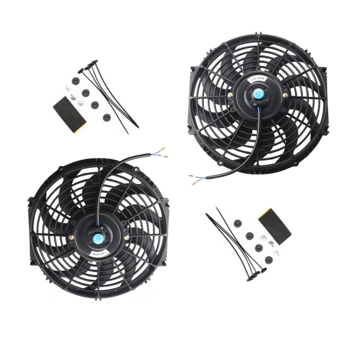 MOSTPLUS Black Universal Electric Radiator Slim Fan Push/Pull 12V + Mounting Kit (12 Inch) Set of 2