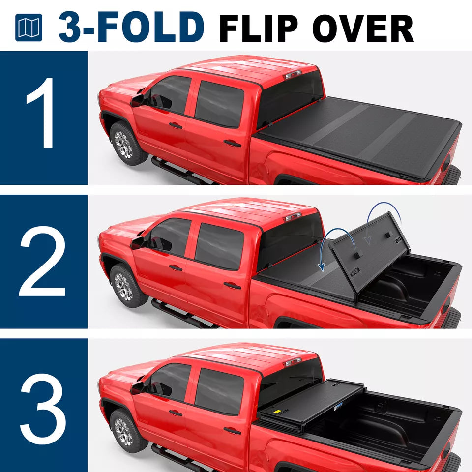 MOSTPLUS 3-Fold 6.5FT FRP Hard Tonneau Cover For 1999-2007 Chevy Silverado/GMC Sierra 1500/2500/2500 HD/3500/3500 HD Truck Bed