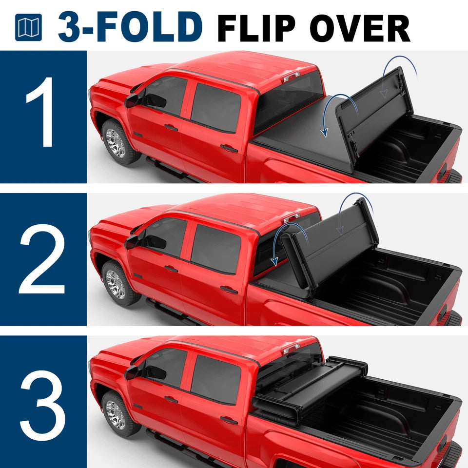 MOSTPLUS 5.8FT Soft 3-Fold Tonneau Cover For 2019-2025 Chevy Silverado GMC Sierra 1500 Fleetside Truck Bed