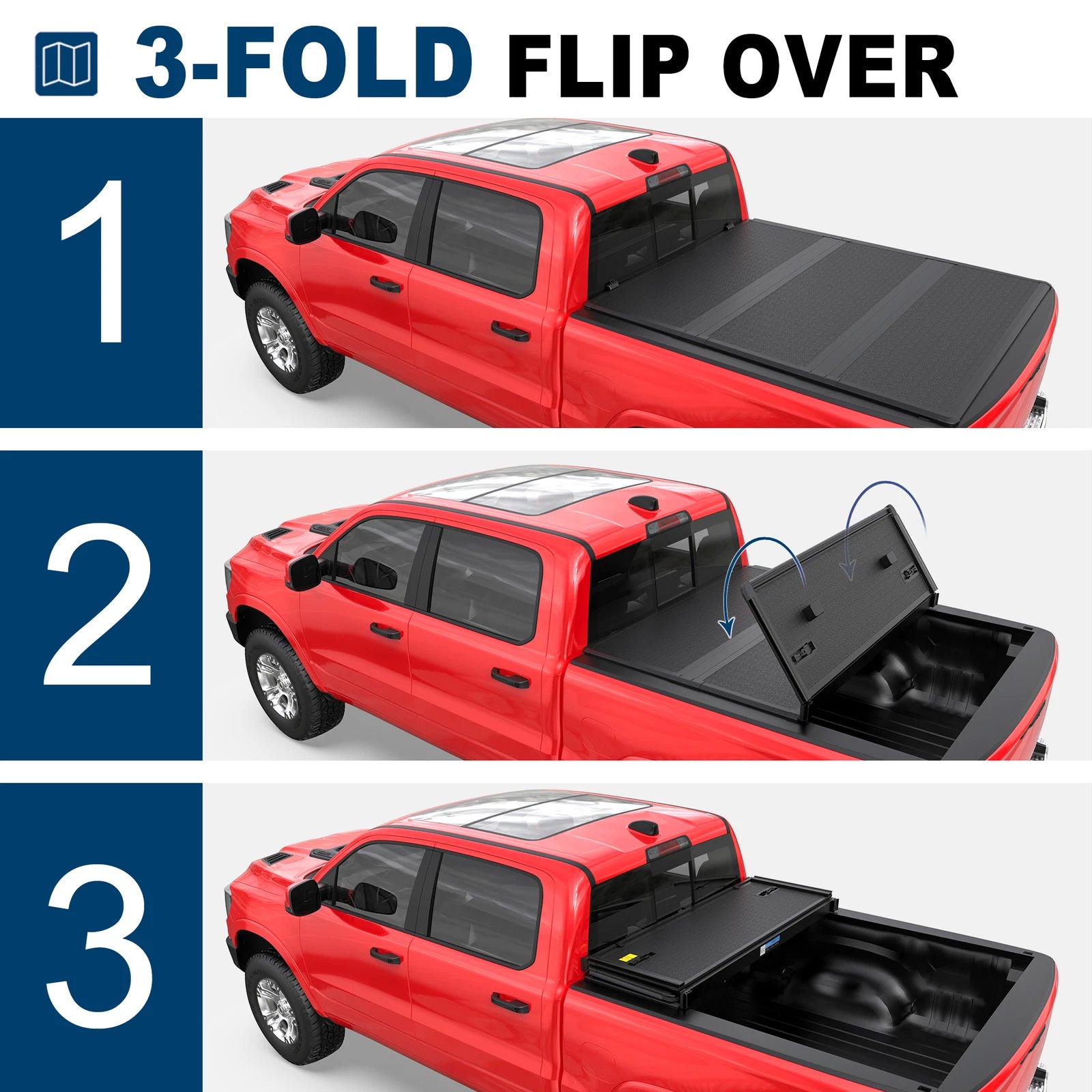 MOSTPLUS 3-Fold 6.4FT FRP Hard Tonneau Cover For 2003-2024 Dodge Ram 1500 2500 3500 Truck Bed