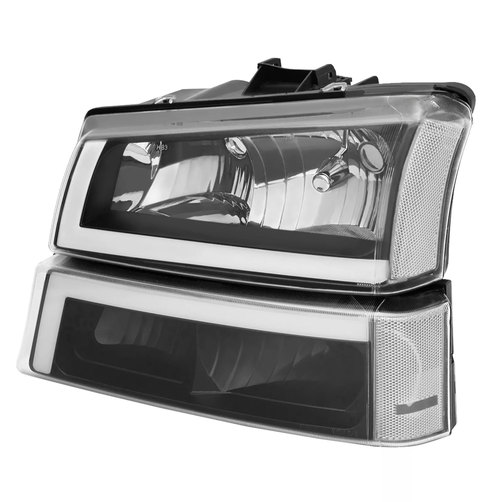 MOSTPLUS Headlights+Bumper Lamps For 2003-2007 Chevy Silverado 1500 2500 3500 Front Pair w/ LED DRL Black Housing Clear Lens