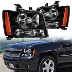 MOSTPLUS Headlights Assembly For 2007-2014 Chevy Tahoe Suburban 1500/2500 w/ Black Housing/Clear Lens/Amber Reflector LH+RH