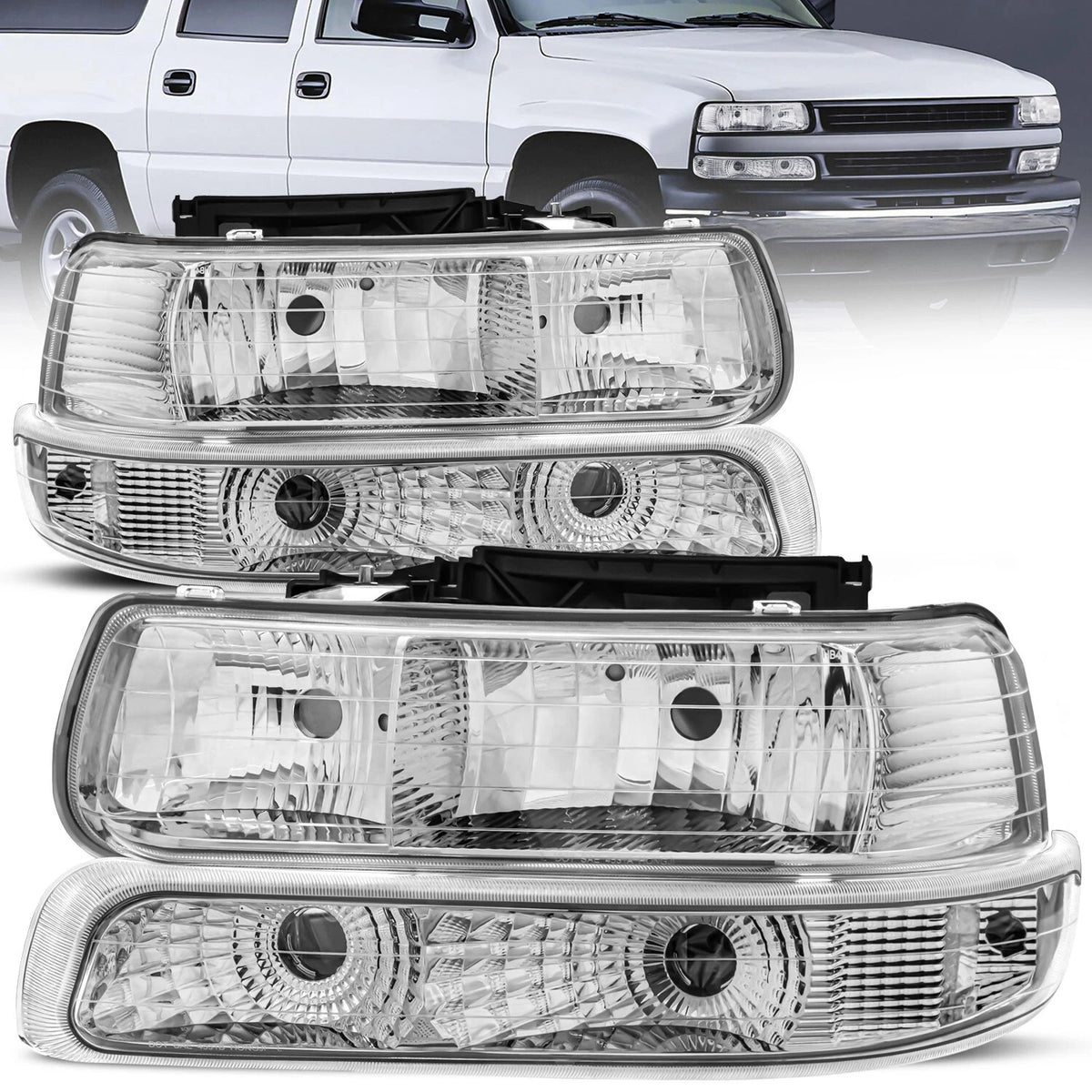 MOSTPLUS Headlight Assembly For 1999-2002 Chevrolet Silverado 1500 2500 2000-2006 Suburban 1500 2500 Tahoe w/ Chrome Housing Clear Lens Clear Reflector (Set of 2)