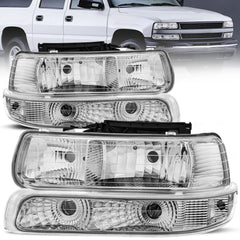 MOSTPLUS Headlight Assembly For 1999-2002 Chevrolet Silverado 1500 2500 2000-2006 Suburban 1500 2500 Tahoe w/ Chrome Housing Clear Lens Clear Reflector (Set of 2)