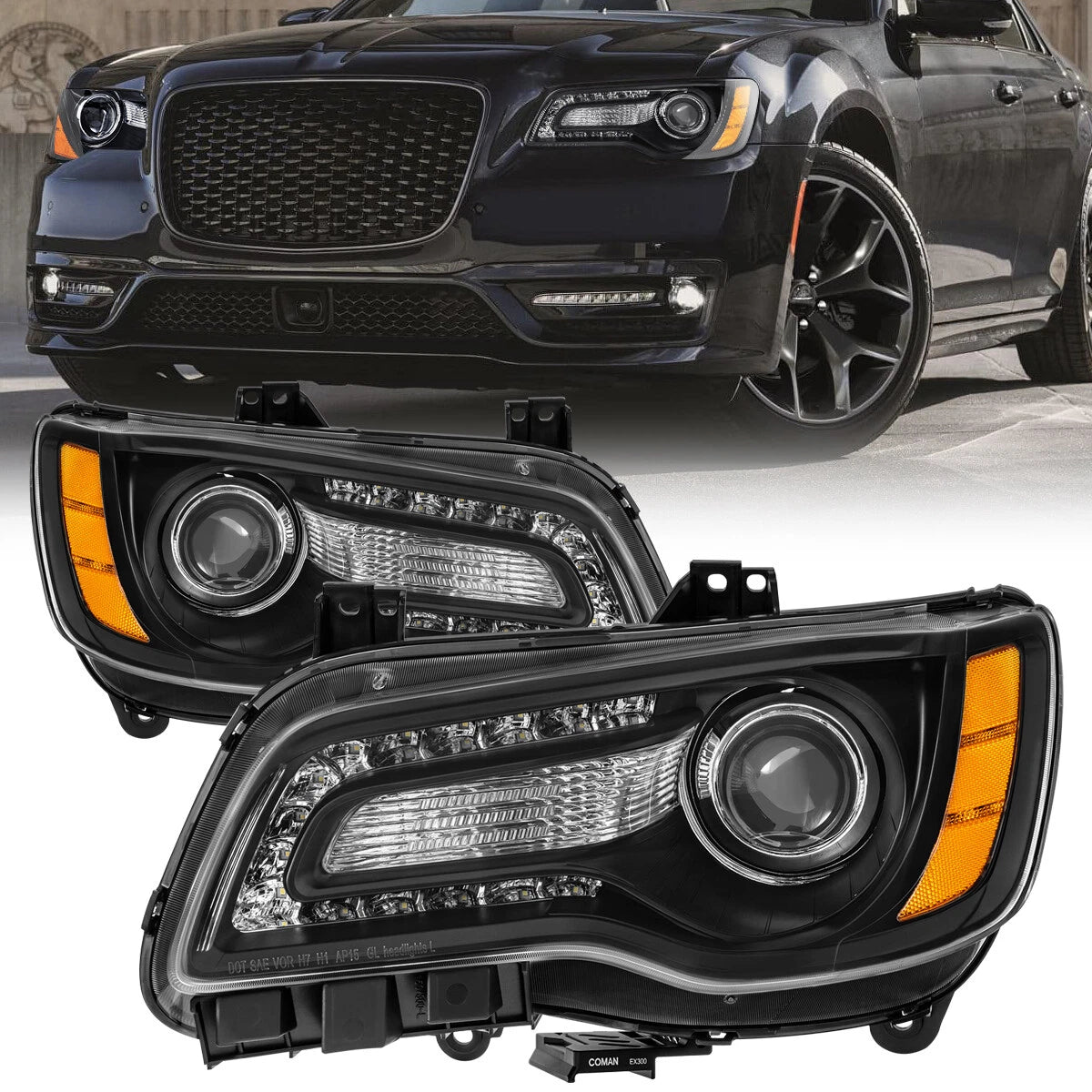 MOSTPLUS Pair LED DRL Headlight Assembly For 2011-2023 Chrysler 300 w/ bulbs w/ Black Housing Clear Lens Amber Corner (Set of 2)