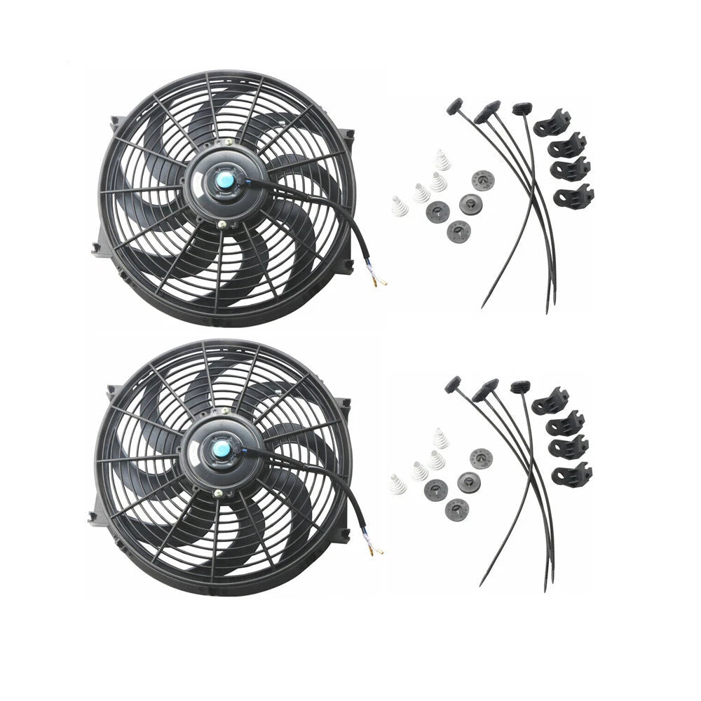 MOSTPLUS 14 Inch Black Universal Electric Radiator Slim Fan Push/Pull 12V + Mounting Kit (Set of 2)