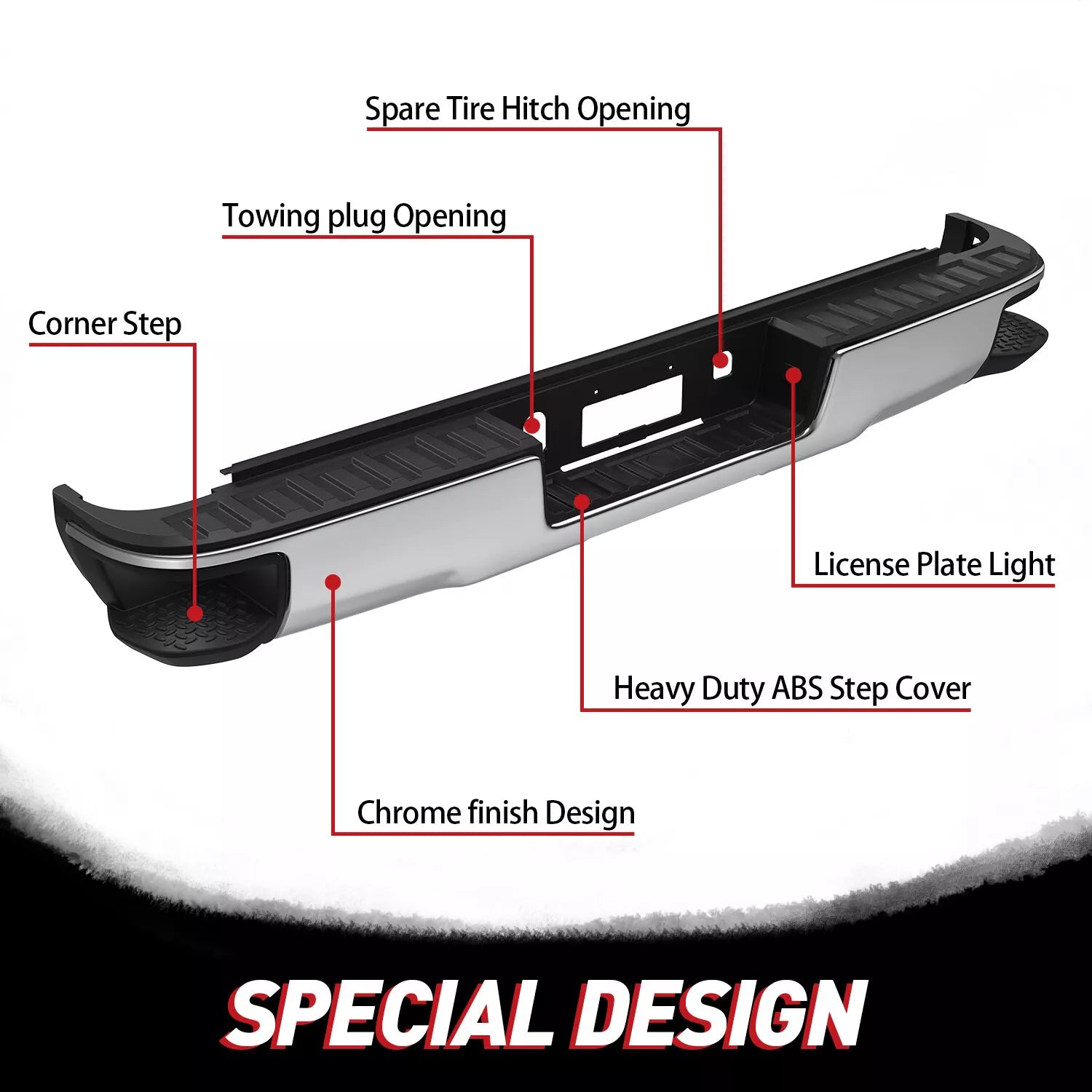 MOSTPLUS Chrome Steel Rear Bumper For 2014-2018 Chevy Silverado GMC Sierra 1500 w/o Sensor Holes w/ Corner Steps
