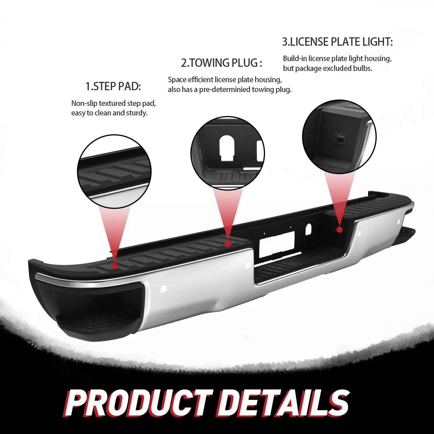 MOSTPLUS Chrome Steel Rear Bumper For 2014-2018 Chevy Silverado GMC Sierra 1500 w/ Conner Steps w/ Parking Sensor Holes