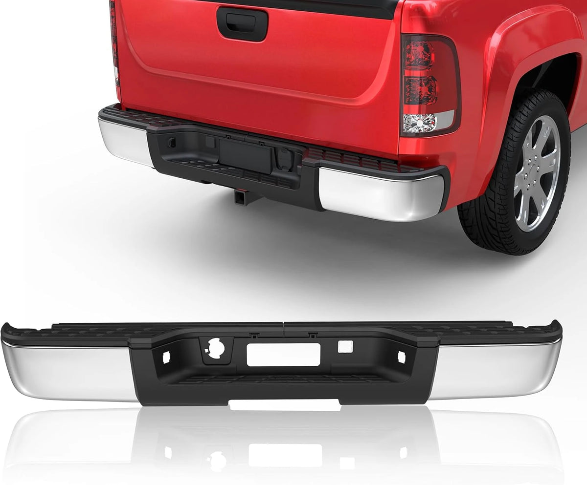 MOSTPLUS Chrome Rear Bumper Assembly For 2007-2013 Chevy Silverado GMC Sierra 1500 Pickup GM1103147 No Park Assist Sensor Holes Steel Complete Back Step Bumpers