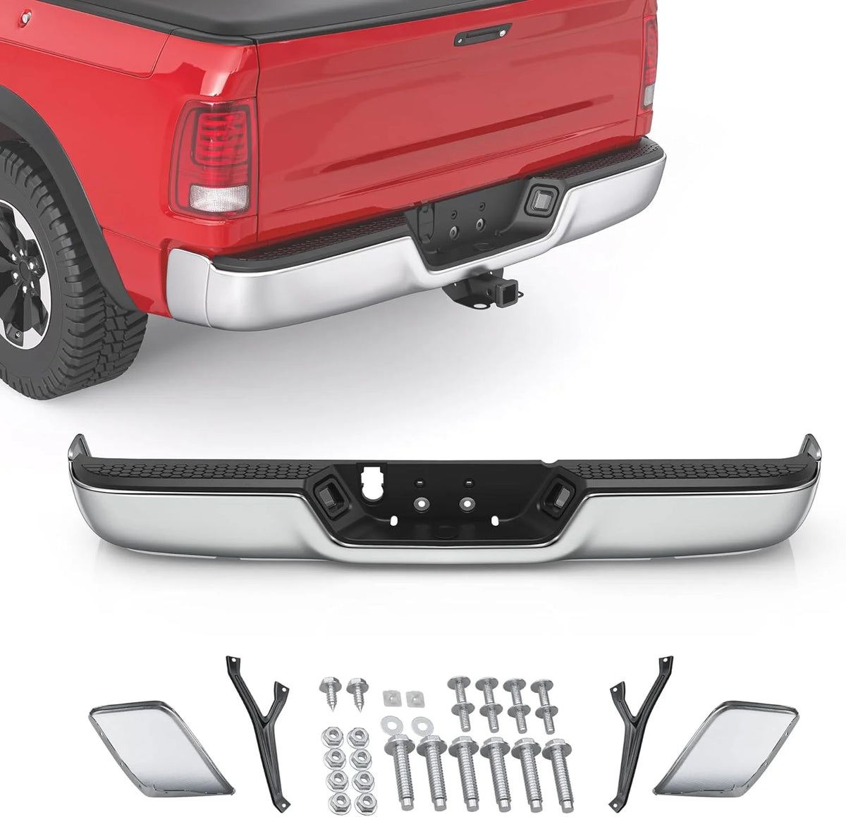 MOSTPLUS Chrome Separated Rear Bumper For Dodge 2009-2019 Ram 1500 2010-2012 Ram 2500 3500 Replacement For CH1103117 (w/o Sensor Hole& Dual Exhaust)