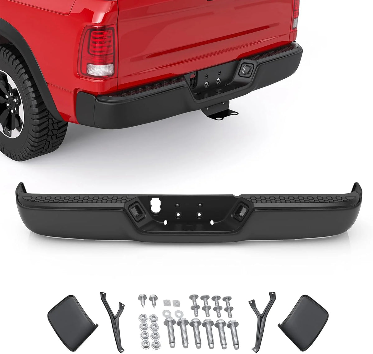 MOSTPLUS Black Separated Rear Bumper Assembly For 2009-2018 Dodge Ram 1500/2010-2012 Ram 2500 3500 No Parking Sensor Holes Complete Back Step Bumpers