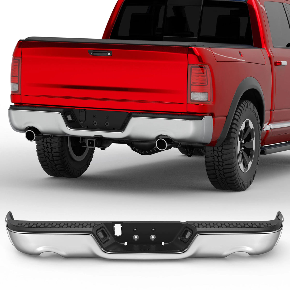 MOSTPLUS Chrome Separated Rear Bumper Assembly For 2009-2018 Dodge Ram 1500/2010-2012 Ram 2500 3500 No Parking Sensor Holes W/Dual Exhaust Complete Back Step Bumpers