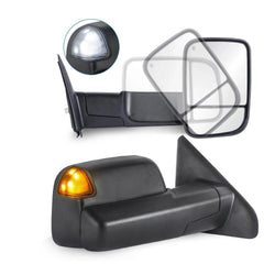 MOSTPLUS Black Power Heated Tow Mirrors For 2002-2008 Ram 1500 2003-2009 Ram 2500 w/ White Running Light (Set of 2)