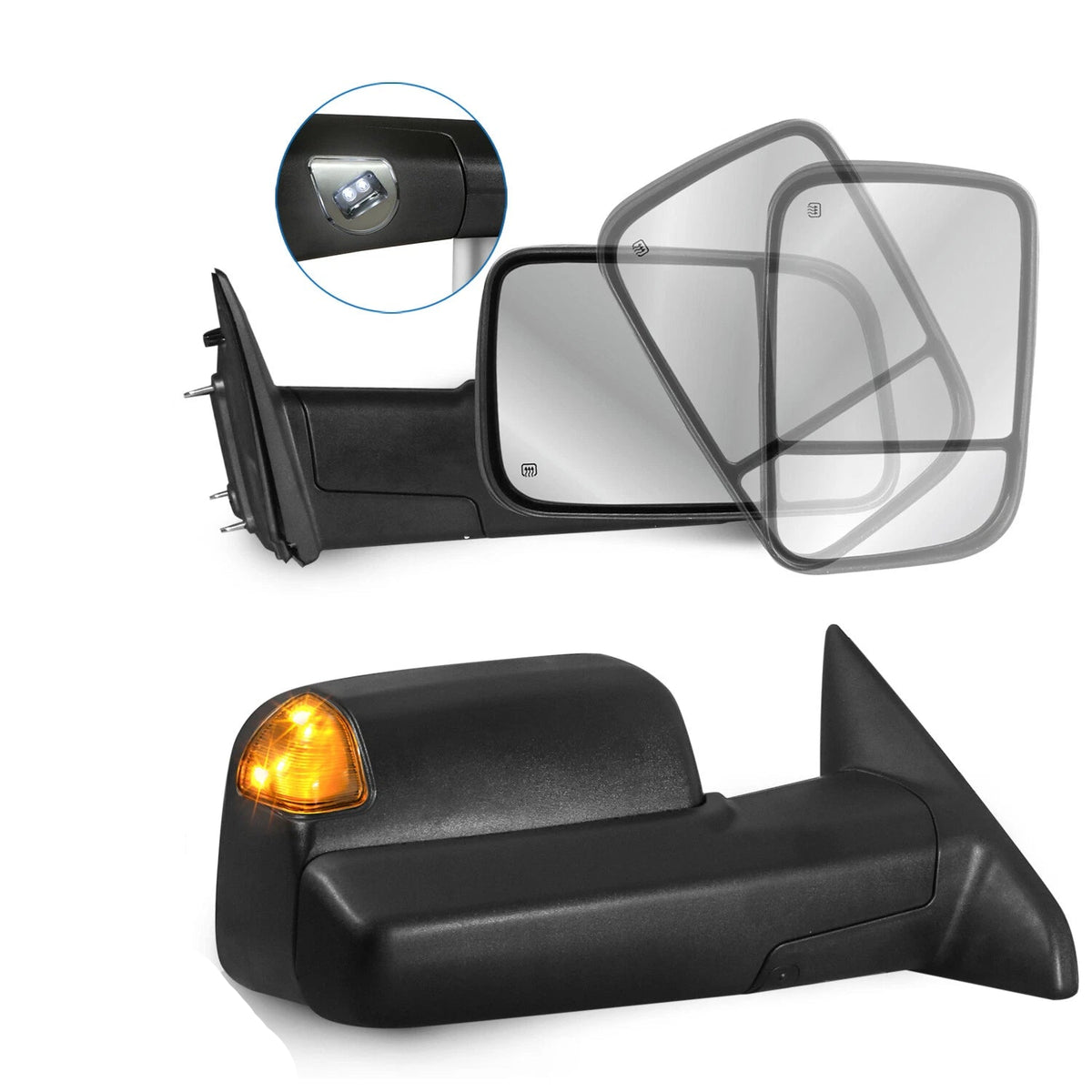 MOSTPLUS Black Power Heated Mirror For 2009-2018 Ram 1500 2500 3500/2019-2023 Ram 1500 Classic w/Led Turn Light, Puddle Lights (Set of 2)