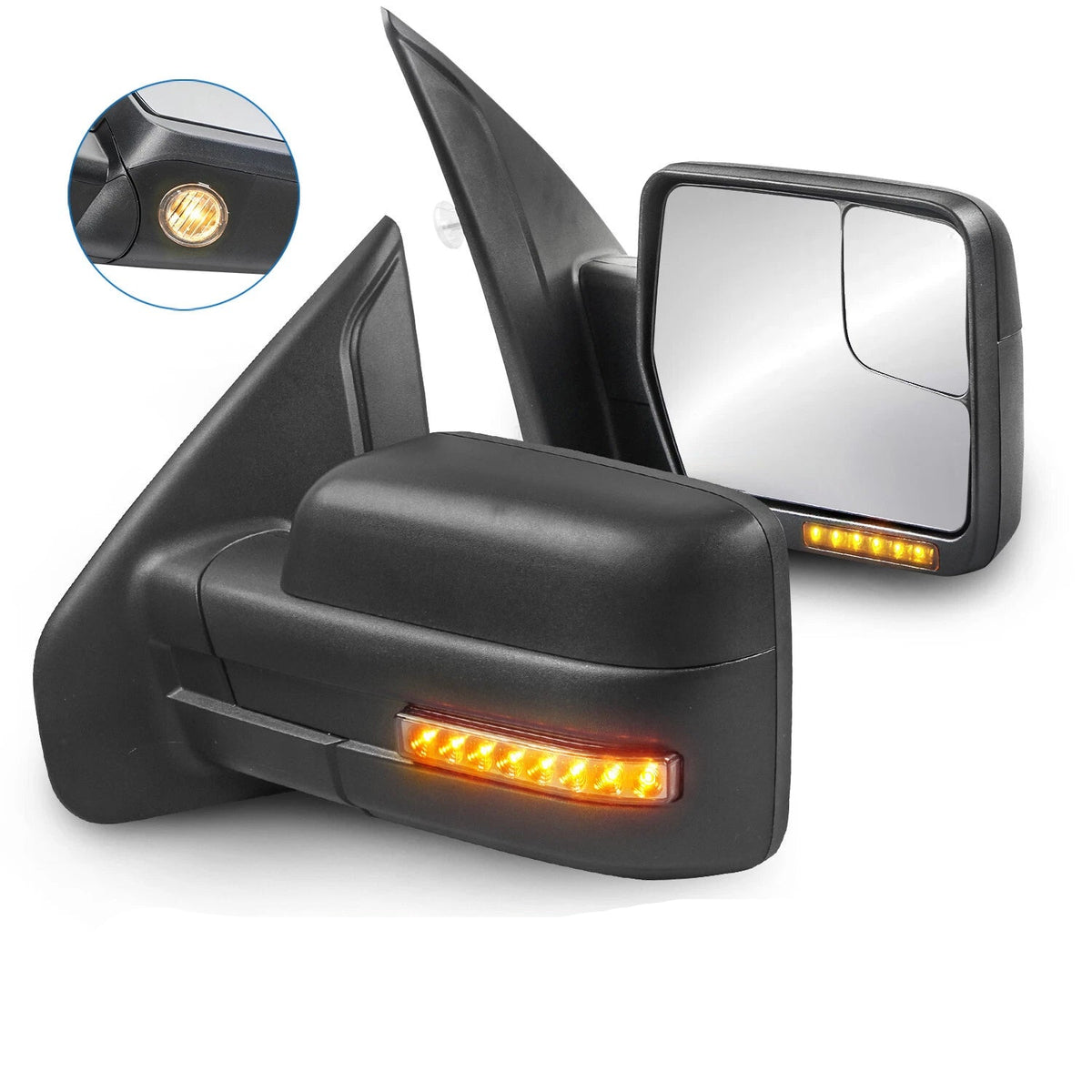 MOSTPLUS Black Towing Mirror For 2004-2014 Ford F150 F-150 w/ Power Heated, Sequential Turn Light, Puddle Light, Dural Beam (Set of 2)